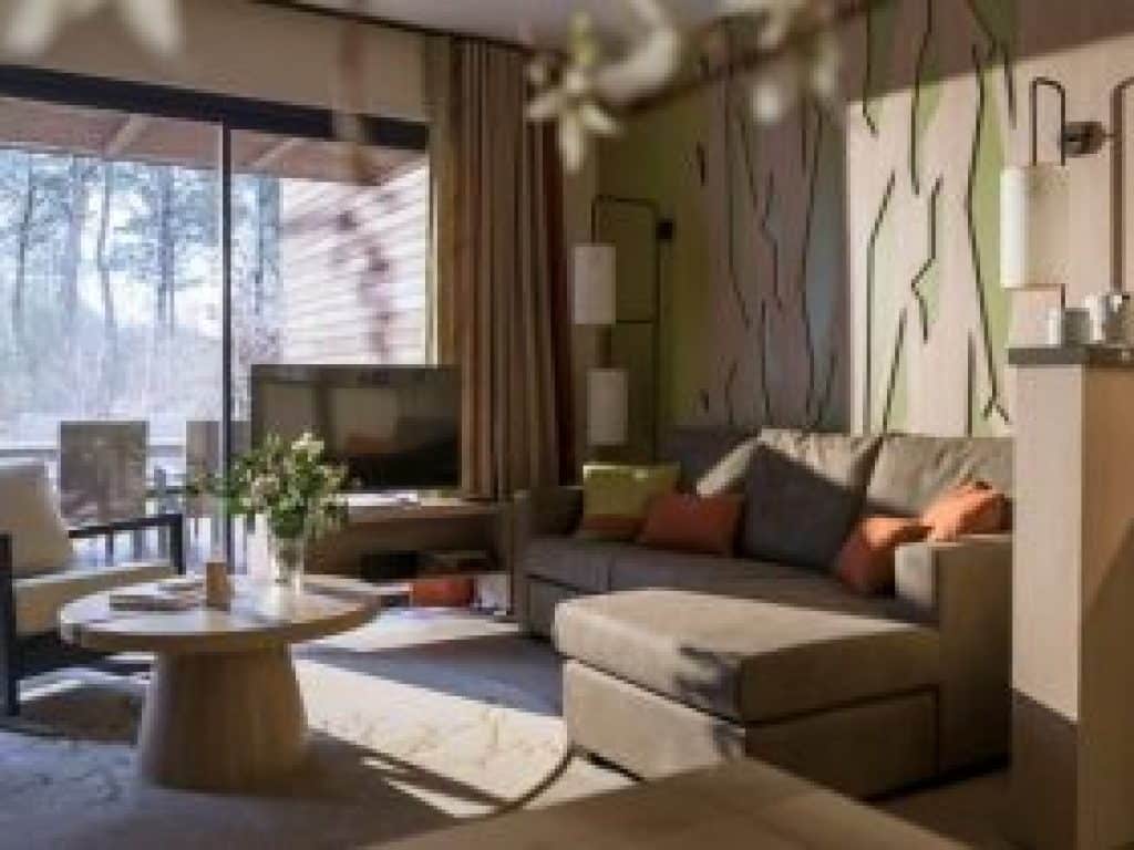 Salon d’un cottage VIP Center Parcs, intérieur spacieux et design avec coin détente