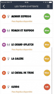 Application Parc Astérix avec temps d'attente moyen par attraction