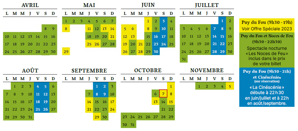 Calendrier 2023 Puy du Fou