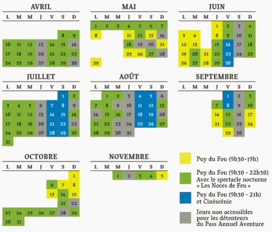 Jours ouverture pass aventure 2023 Puy du Fou