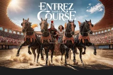 Course de chars romains dans l’arène gallo-romaine du Puy du Fou lors du jeu concours « Entrez dans la course »