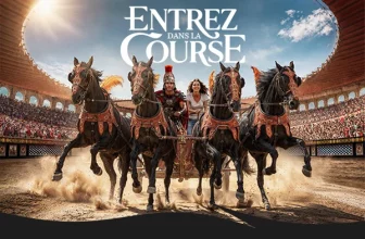 Course de chars romains dans l’arène gallo-romaine du Puy du Fou lors du jeu concours « Entrez dans la course »