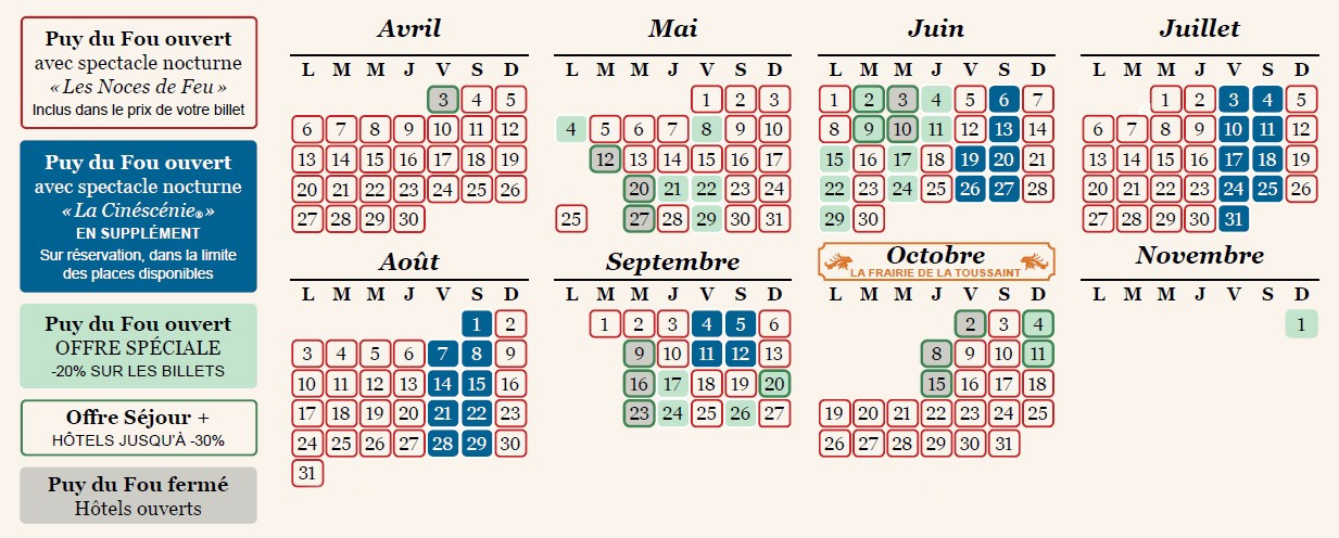 Calendrier d’ouverture du Puy du Fou avec dates et spectacles nocturnes comme Les Noces de Feu et la Cinéscénie