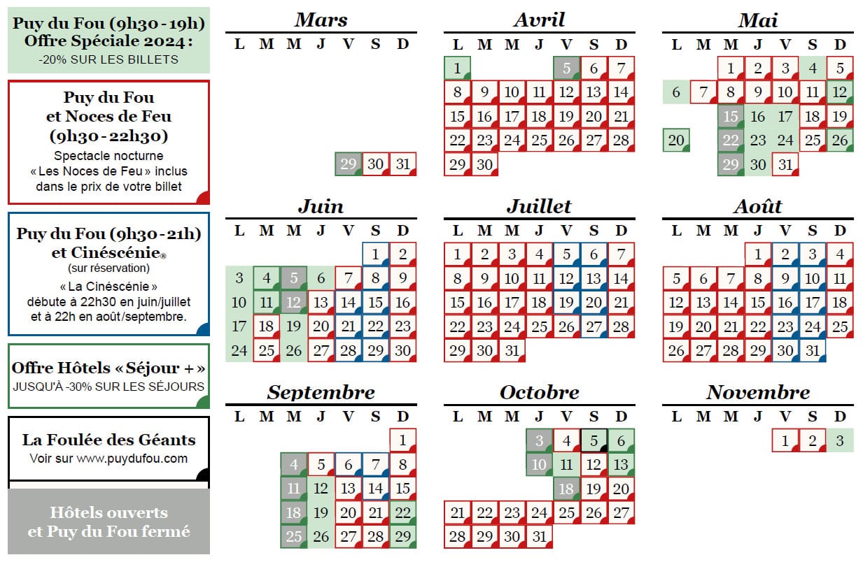 Calendrier saison 2024 du Puy du Fou