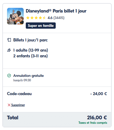 Code promo billet Disneyland Paris