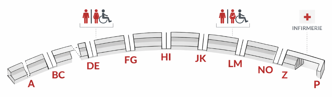 Schéma simplifié de la tribune de la Cinéscénie avec blocs par lettres, portes, accès PMR et infirmerie