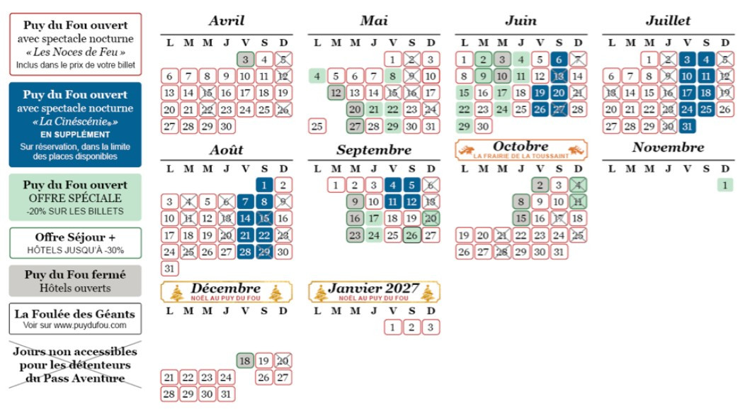 Calendrier 2026 du pass annuel Puy du Fou, Premium et Aventure